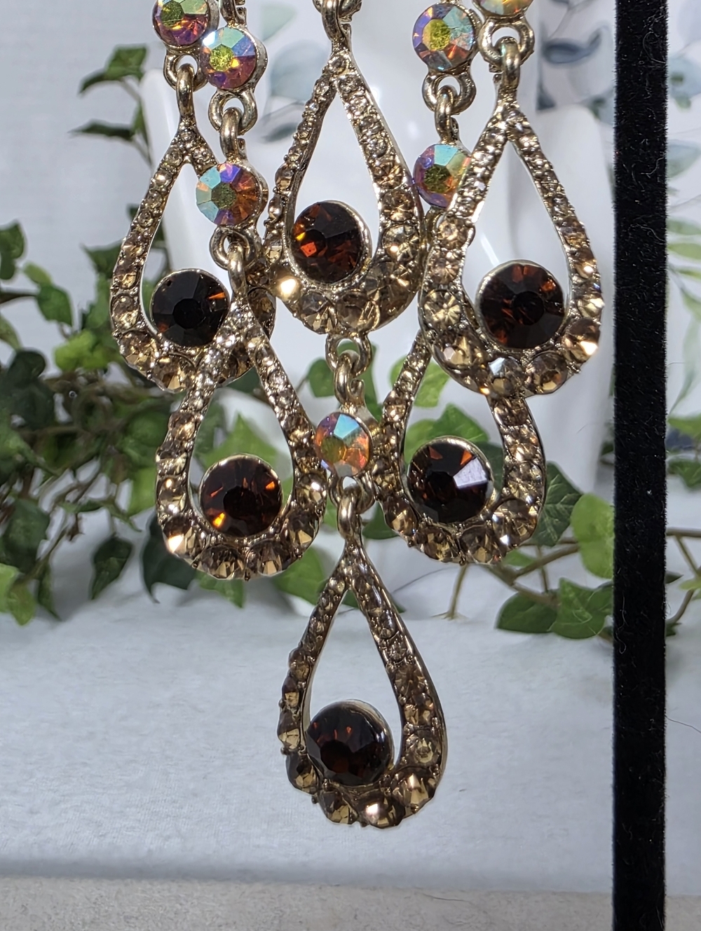 Gold AB Crystal Black Stone Chandelier Statement Earrings - Picture 5 of 9